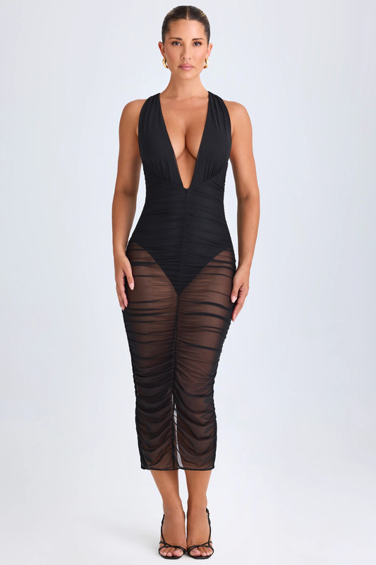 Ruched Plunge Midaxi Dress in Black - Size:M